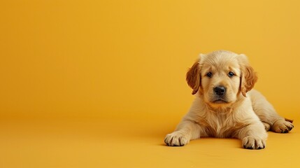 Cute Golden Retriever puppy on yellow, text space available at the top.