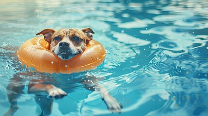 Dog happily swimming with a rubber ring in the pool, vibrant water splashes.