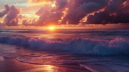 Majestic sunset over the ocean, curved waves, and fiery sky, tranquil beach.