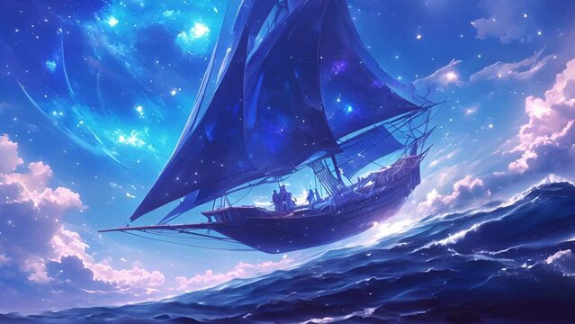 A ghostly sloop slipping through the endless cosmic void its ghastly crew forever bound to their ethereal vessel.