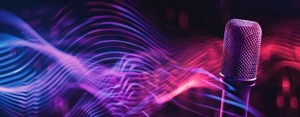 Photo of A microphone on an abstract sound wave background with copy space for text.