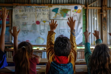 Obraz premium Children raise their hands to answer questions in the classroom, Taken from behind