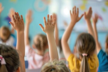 Children raise their hands to answer questions in the classroom, Taken from behind