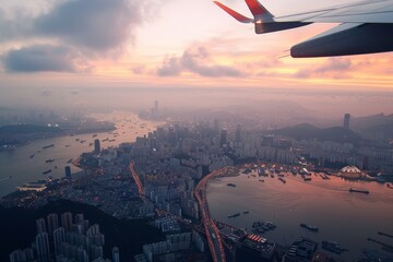 Aerial views of urban landscapes from planes above a big city in the morning light