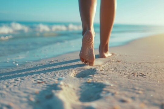 Closeup of woman feet walking on sand beach, white sand, beautiful beach - Powered by Adobe