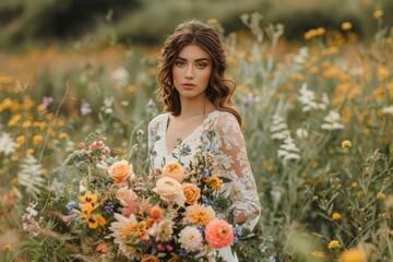 Naklejka premium Bride Posing in a Field of Flowers