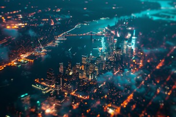 Naklejka premium Urban cityscape views from airplanes at night offering spectacular aerial perspectives