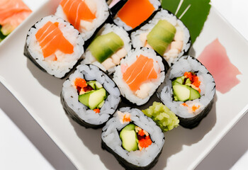 several perfectly made sushi pieces, white background