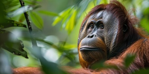 Fototapeta premium A close-up of an orangutan in a fragmented forest, illustrating the impact of deforestation on its habitat