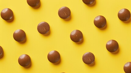 Round brown pills on a yellow background for treating a disease designed for pharmaceutical advertisement