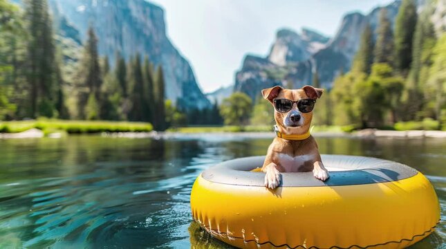 Adorable dog wearing stylish black glasses relaxing on a float ring amidst the serene waters of a sunny lake
 Seamless looping 4k time-lapse virtual video animation background. Generated AI
