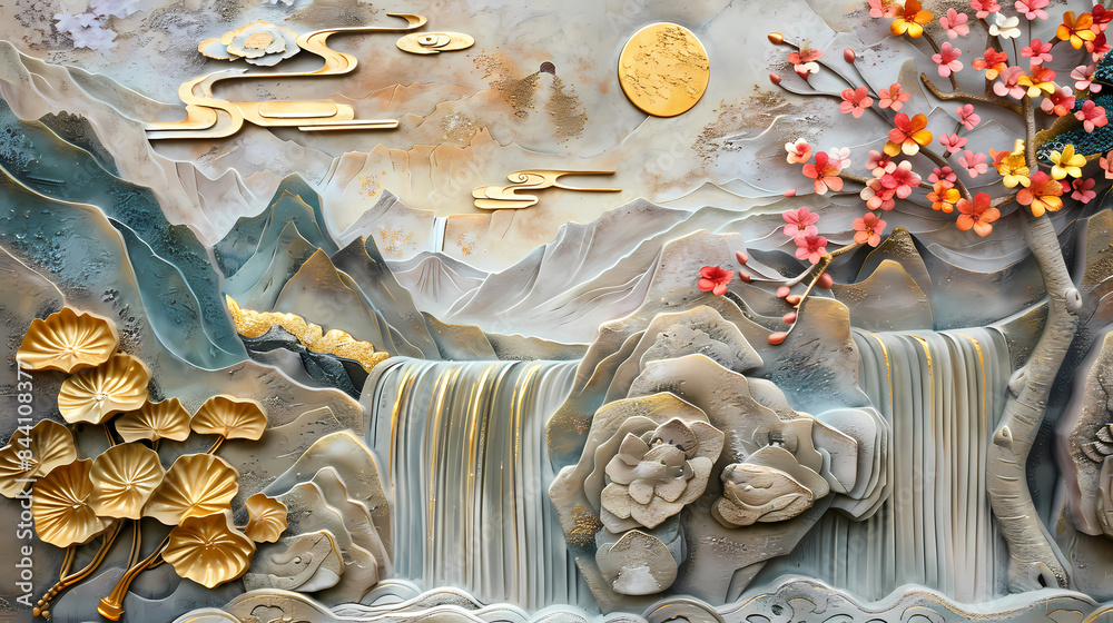 Wall mural colorful volumetric stucco molding on a concrete wall with golden elements, japanese landscape, wate