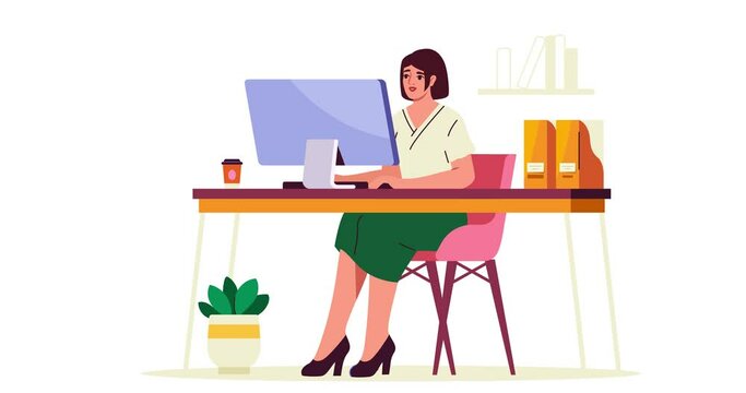 Office worker at desk. Happy woman company employee or entrepreneur performs tasks on computer in her comfortable workspace. Efficient Workflow. Moving banner. Flat graphic animated cartoon video