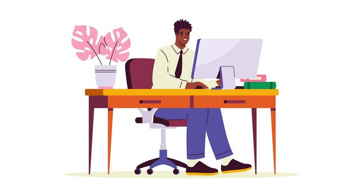 Office worker at desk. Moving banner with happy male company employee or entrepreneur working on computer. Freelancer works online or remotely in comfortable workspace. Graphic animated cartoon video