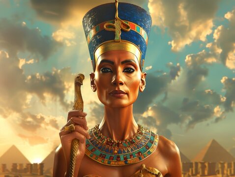 Queen Nefertiti, holding the ankh in her hand, wearing ancient Egyptian royal blue and gold with intricate designs, background is an open air temple