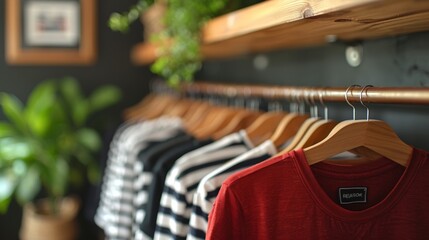 A beautifully organized clothing rack featuring various striped shirts and a prominent red shirt in a stylish and modern boutique setting with vibrant plants in the background