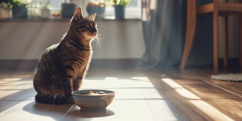 Stock minimalist photography of a cat sitting in front of a bowl of food on a wooden floor in a bright room with daylight lighting