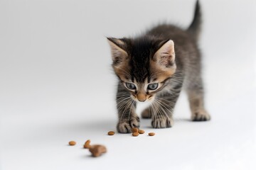 Stock minimalist photography of a tabby kitten playing with food on a white background with studio lighting