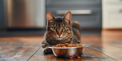 Stock minimalist photography of a cat sitting in front of a bowl of food on a wooden floor in a bright room with daylight lighting