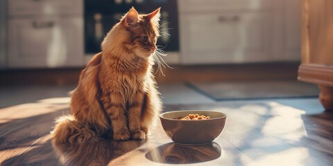 
Stock minimalist photography of a cat sitting in front of a bowl of food on a wooden floor in a bright room with daylight lighting