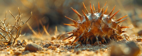A close-up shot of a prickly seed pod laying on the arid, rocky ground with surrounding dry twigs, highlighting the harsh and desolate environment