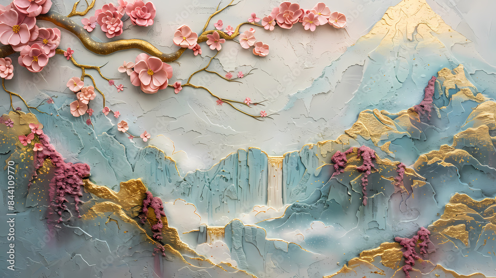 Wall mural colorful volumetric stucco molding on a concrete wall with golden elements, japanese landscape, wate