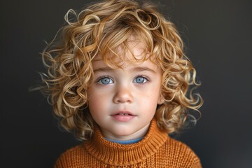A captivating portrait of a young child with curly blonde hair, wearing a cozy orange sweater, showcasing innocence and wonder with a dark background