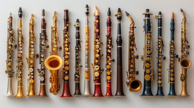 A beautiful and varied collection of different clarinets showcasing numerous styles, designs, and colors aligned in a meticulous arrangement on a light background