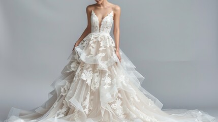 A beautiful full-length wedding gown with intricate lace details and tiered tulle skirt, showcasing a deep V-neckline and elegant design in a studio setting against a plain background