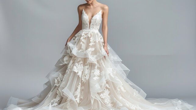 A beautiful full-length wedding gown with intricate lace details and tiered tulle skirt, showcasing a deep V-neckline and elegant design in a studio setting against a plain background