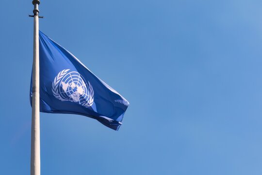 The Hague, Netherlands - July 22 2019 : The flag of the United Nations hanging outside the International Court of Justice