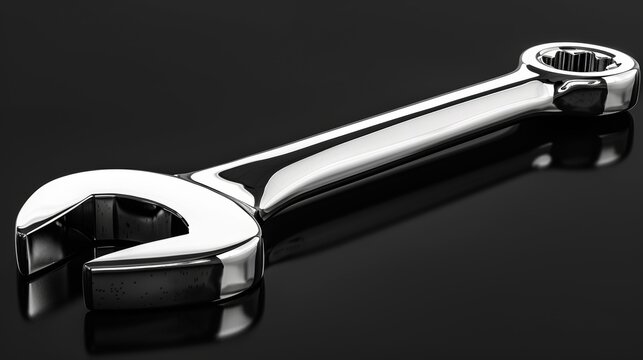 Close-up photograph of a single shiny metallic wrench tool isolated on a dark reflective background, ideal for showcasing industrial equipment or mechanical tools