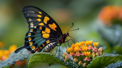 Fototapeta premium A vivid black, orange, and blue butterfly perched on a vibrant cluster of orange and yellow flowers, showcasing the beauty of nature's color palette