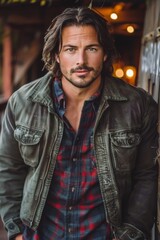 Fototapeta premium A man with long hair stands confidently wearing a green leather jacket over a red and black plaid shirt, captured in an outdoor, rustic setting