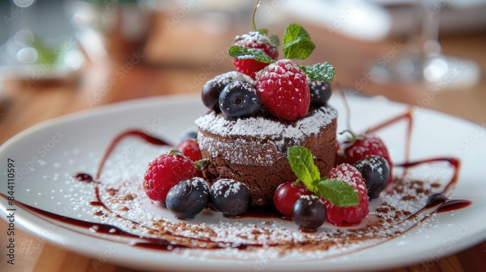 Poster Gourmet Restaurant Dessert Chocolate and Vanilla Souffle on Walnut Biscuit Decorated with Fresh Berries and Mint