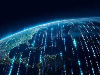 View of planet Earth wrapped in binary code digital information flows.