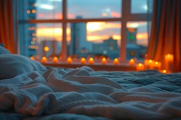 Fototapeta premium Cozy bedroom setting with a softly lit bed and the warm glow of numerous candles by the window, showcasing a beautiful cityscape at sunset