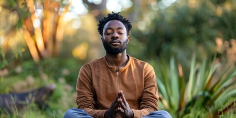 A african man meditating in a quiet outdoor setting, focusing on mental well-being and stress reduction