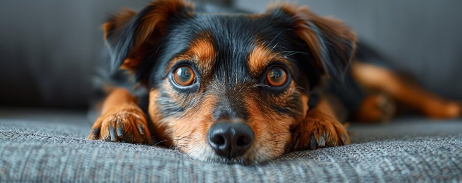A close-up portrait of an adorable brown and black dog with expressive eyes, lying down on a grey couch, showcasing the beautiful details in its fur and the softness of the couch fabric