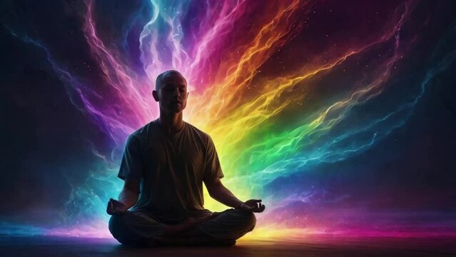Man doing yoga meditation in lotus position while his colorful aura chakras neon light spreading around body, spiritual peaceful power Kundalini yoga Buddha monk Generative AI