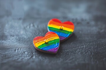 Obraz premium Two colorful rainbow-striped heart pins symbolizing LGBTQ+ pride and support, placed side by side on a textured gray background