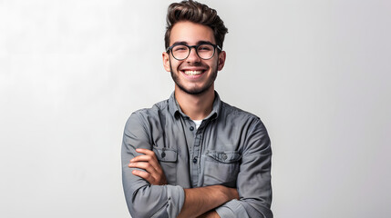 Obraz premium Portrait of young handsome smiling business guy wearing gray shirt and glasses, feeling confident with crossed arms, isolated on white background