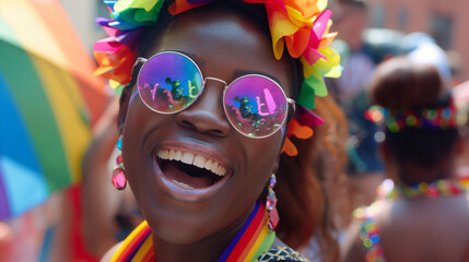 Naklejka premium Laughing Person with Rainbow Accessories at Pride Festival