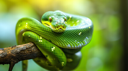 Obraz premium Green Snake Coiled on Branch in Lush Forest 