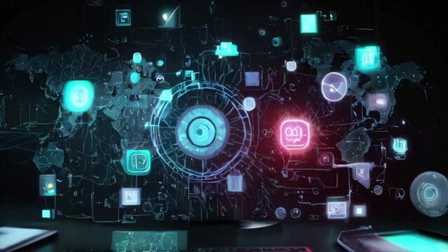 Binary code background, digital technology with 3d holographic logos of tech companies laptop map of earth giant screen on the background Generative AI