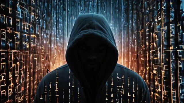 Code background, hollow man wearing a hoodie in neon coded background moving backward, an ethical hacker providing cybersecurity Generative AI