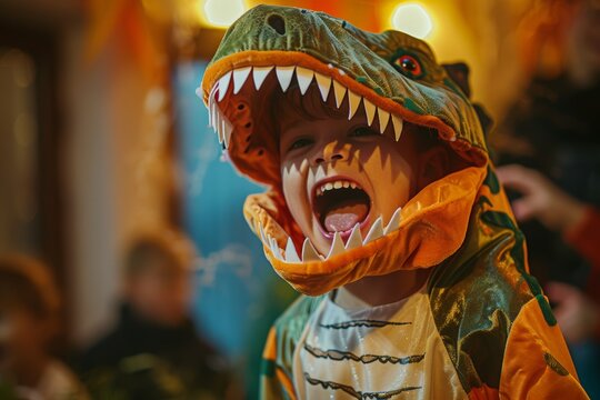 Child in dinosaur costume roaring at Halloween party