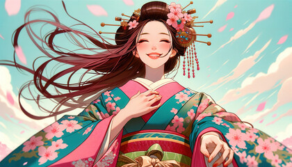 日本画（Japanese painting）／美人画　美女　着物　anime　イラスト 桜