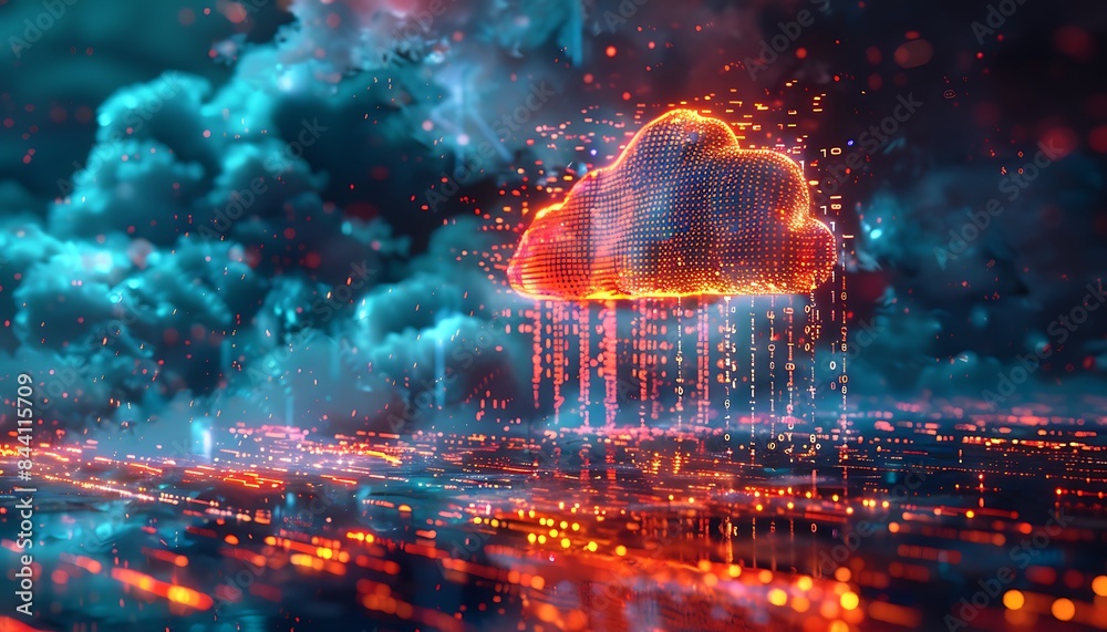 Poster Digital cloud raining binary code, symbolizing data transfer