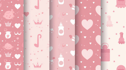 A set of five pink and white baby-themed seamless patterns, featuring designs such as crowns, hearts, pacifiers, baby footprints, and bottles